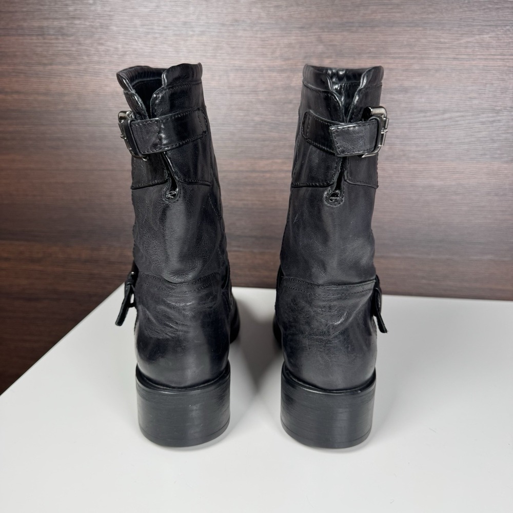 Aquatalia Boots Womens Size 7 Black Leather Quilted Biker Mid Calf Buckle -Italy - Picture 7 of 11